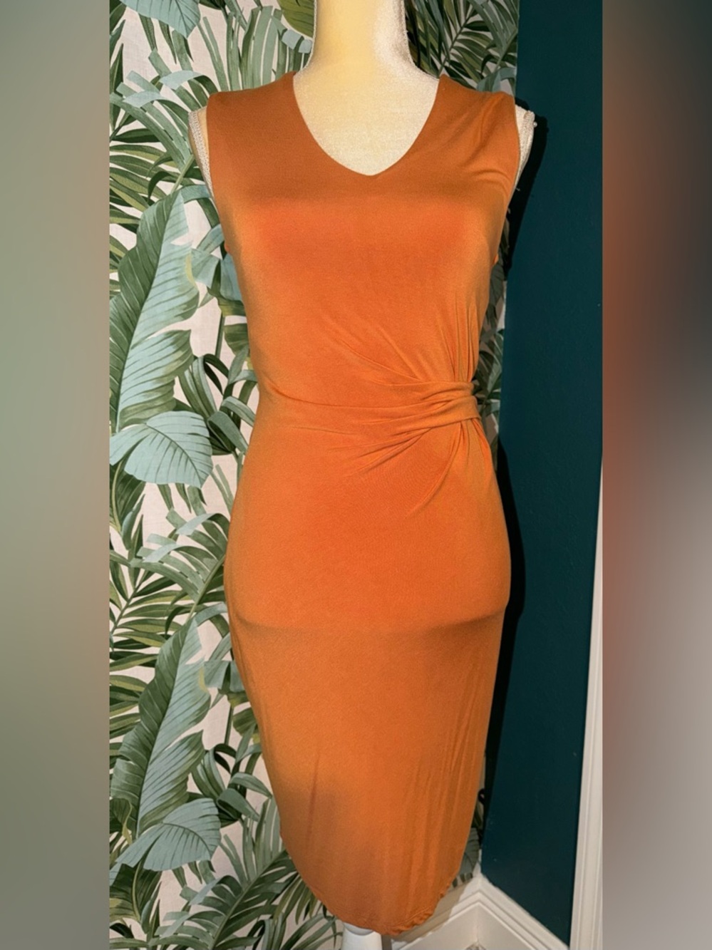 Catherine Malandrino Sleeveless Rust-Orange Midi Dress with Waist Wrap
